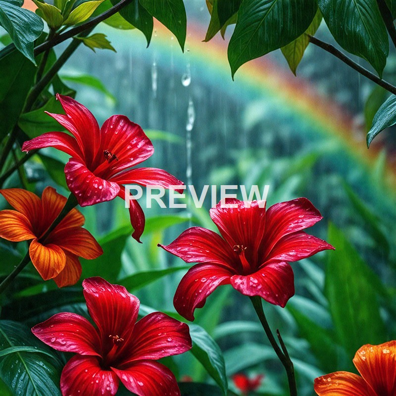 Bright red lilies with water droplets on their petals are growing amidst lush green leaves, with a rainbow and rain in the background.